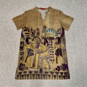Tan and Black Egyptian Graphic Tunic with Short Sleeves and Mandarin Collar